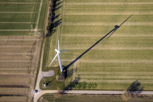 Aerial view, wind turbine with shadow, Schückinger Weg, Westbüderich, Werl, Soester Börde, North Rhine-Westphalia, Germany, alternative energy, DE, Europe, aerial view, aerial photography, aerial photography, overview, bird's-eye view, WEA, wind energy, wind farm, wind power, wind turbine, wind park, wind turbine, wind wheels, birds-eyes view, overview