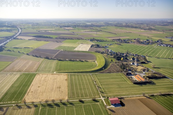 Aerial view, flood retention basin Bruchbachtal-Büderich, meadows and fields, Westbüderich, Werl, Soester Börde, North Rhine-Westphalia, Germany, DE, Europe, aerial view, aerial photography, aerial photography, overview, bird's-eye view, overview