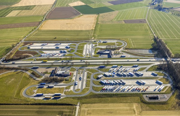 Aerial view, Serways service area Am Haarstrang, truck rest area on the A44 motorway, Westbüderich, Werl, Soester Börde, North Rhine-Westphalia, Germany, DE, Europe, aerial view, aerial photography, aerial photography, service area, overview, bird's-eye view, overview