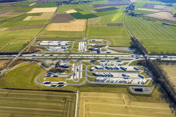 Aerial view, Serways service area Am Haarstrang, truck rest area on the A44 motorway, Westbüderich, Werl, Soester Börde, North Rhine-Westphalia, Germany, DE, Europe, aerial view, aerial photography, aerial photography, service area, overview, bird's-eye view, overview