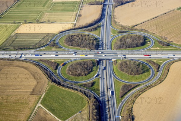 Aerial photo, Werl motorway junction of the A44 motorway and A445 motorway cloverleaf shape, Werl, Soester Börde, North Rhine-Westphalia, Germany, motorway, DE, Europe, aerial view, aerial photography, aerial photography, overview, bird's-eye view, overview