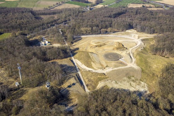 Aerial photo, construction site for wind turbine in the city forest, Waltringen, Ense, Soester Börde, North Rhine-Westphalia, Germany, alternative energy, construction work, construction area, building site, building plots, construction project, construction site, DE, Europe, aerial photo, aerial photography, aerial photography, new construction, overview, bird's eye view, WEA, Werl, wind energy, wind power, wind turbine, wind wheel, wind turbines, birds-eyes view, overview