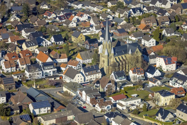 Aerial view, residential area local view with catholic church St. Kunibert, Westbüderich, Werl, Soester Börde, North Rhine-Westphalia, Germany, place of worship, DE, Europe, religious community, place of worship, property tax, holy site, real estate, church, parish, denomination, aerial view, aerial photography, aerial photography, religion, religious site, overview, bird's-eye view, residential area, living and life, residential area, residential quality, residential neighbourhood, housing estate, residential area, birds-eyes view, overview