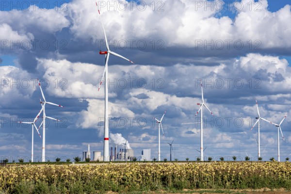 RWE's Neurath lignite-fired power station, wind farm, Rhenish lignite mining region of North Rhine-Westphalia, Germany