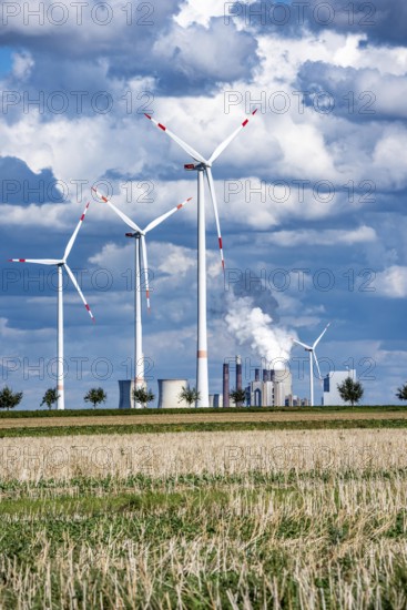 RWE's Neurath lignite-fired power station, wind farm, Rhenish lignite mining region of North Rhine-Westphalia, Germany