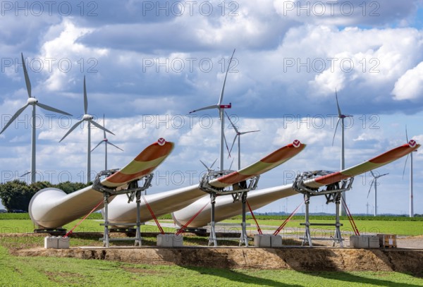 Construction site for the expansion of the Lövenich wind farm, in the Rhenish lignite mining area, east of Erkelenz, 4 Vestas V162 wind turbines with a capacity of 5.6 MW are being built, North Rhine-Westphalia, Germany