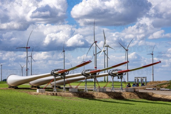Construction site for the expansion of the Lövenich wind farm, in the Rhenish lignite mining area, east of Erkelenz, 4 Vestas V162 wind turbines with a capacity of 5.6 MW are being built, North Rhine-Westphalia, Germany