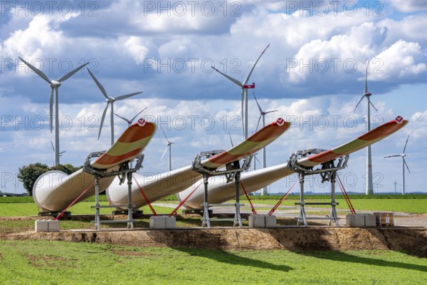 Construction site for the expansion of the Lövenich wind farm, in the Rhenish lignite mining area, east of Erkelenz, 4 Vestas V162 wind turbines with a capacity of 5.6 MW are being built, North Rhine-Westphalia, Germany