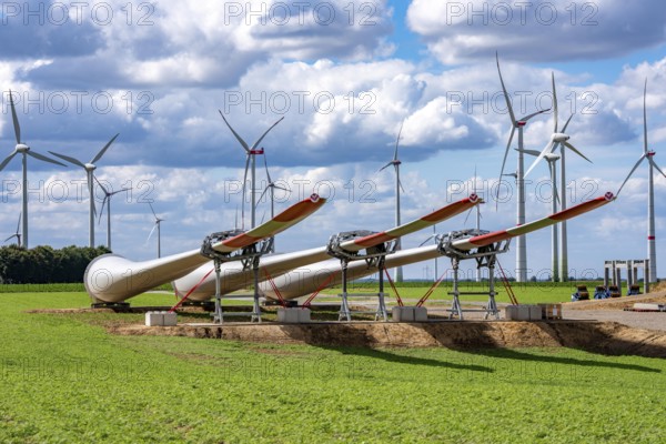 Construction site for the expansion of the Lövenich wind farm, in the Rhenish lignite mining area, east of Erkelenz, 4 Vestas V162 wind turbines with a capacity of 5.6 MW are being built, North Rhine-Westphalia, Germany