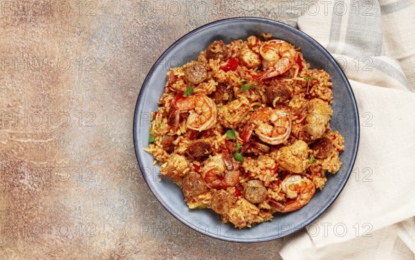 Jambalaya, Creole dish, American pilaf, rice with chicken and shrimp, vegetables, homemade, no people