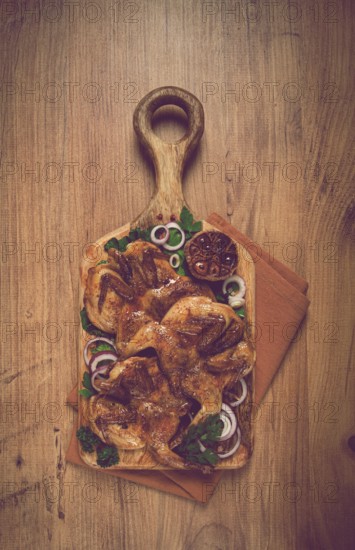 Fried, quail meat, tobacco (tapaka), with spices, homemade, no people