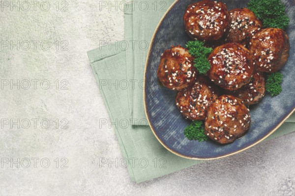 Tsukune, Japanese meatballs, minced chicken, fried on a skewer, with yakitori sauce, homemade, no people