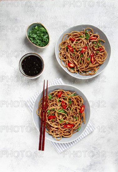 Udon noodles, with shimeji mushrooms, vegetables, in sauce, with sesame seeds, green onions, Asian vegetarian food, horizontal, without people