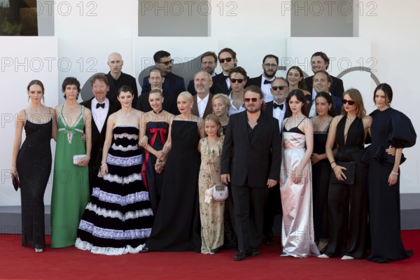 Venice, Italy - 1 September 2025: Cast, including Scott Handy, Thomasin McKenzie, Tim Blake Nelson, Amanda Seyfried, David Cale, Mona Fastvold, Adelaide James Fastvold Corbet and Maria Sand during the Red Carpet of - The Testament of Ann Lee - during the 82nd Venice International Film Festival