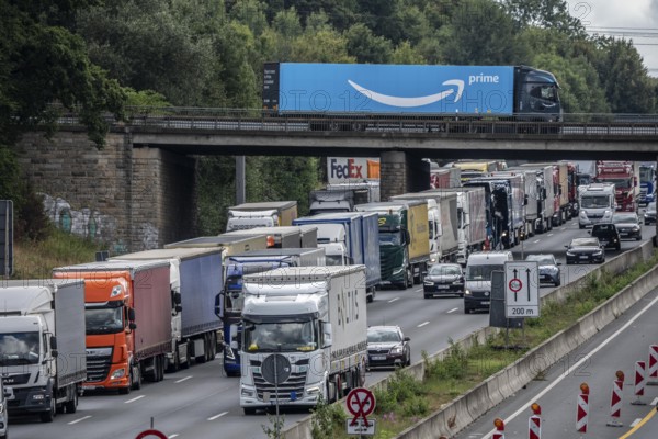 Traffic jam on the A1 motorway, between the Dortmund-Unna junction, A1 A44, and the Kamener Kreuz junction, A1 A2, lorries jammed in the left lane, looking south, North Rhine-Westphalia, Germany