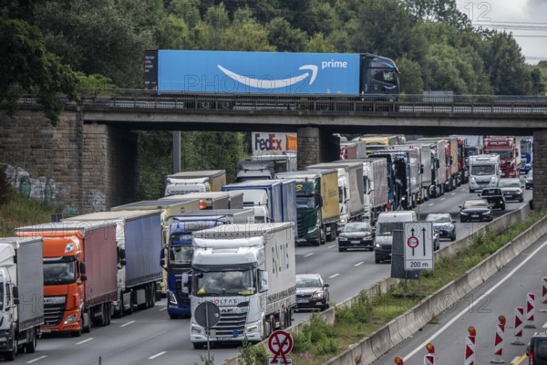 Traffic jam on the A1 motorway, between the Dortmund-Unna junction, A1 A44, and the Kamener Kreuz junction, A1 A2, lorries jammed in the left lane, looking south, North Rhine-Westphalia, Germany