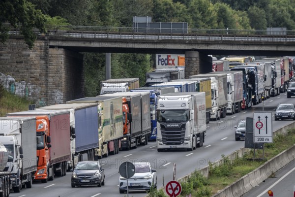 Traffic jam on the A1 motorway, between the Dortmund-Unna junction, A1 A44, and the Kamener Kreuz junction, A1 A2, lorries jammed in the left lane, looking south, North Rhine-Westphalia, Germany