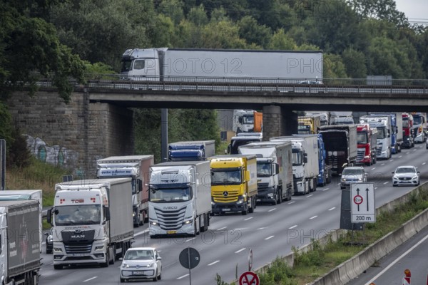 Traffic jam on the A1 motorway, between the Dortmund-Unna junction, A1 A44, and the Kamener Kreuz junction, A1 A2, lorries jammed in the left lane, looking south, North Rhine-Westphalia, Germany
