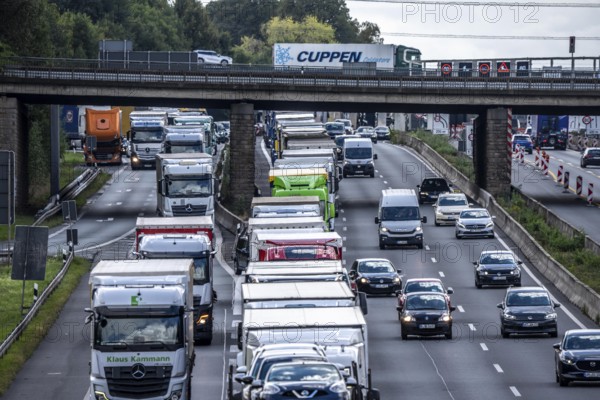 Traffic jam on the A1 motorway, between the Dortmund-Unna junction, A1 A44, and the Kamener Kreuz junction, A1 A2, lorries jammed in the left lane, looking south, North Rhine-Westphalia, Germany