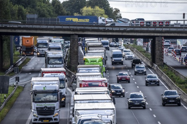 Traffic jam on the A1 motorway, between the Dortmund-Unna junction, A1 A44, and the Kamener Kreuz junction, A1 A2, lorries jammed in the left lane, looking south, North Rhine-Westphalia, Germany