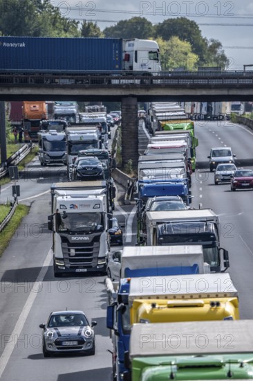 Traffic jam on the A1 motorway, between the Dortmund-Unna junction, A1 A44, and the Kamener Kreuz junction, A1 A2, lorries jammed in the left lane, looking south, North Rhine-Westphalia, Germany