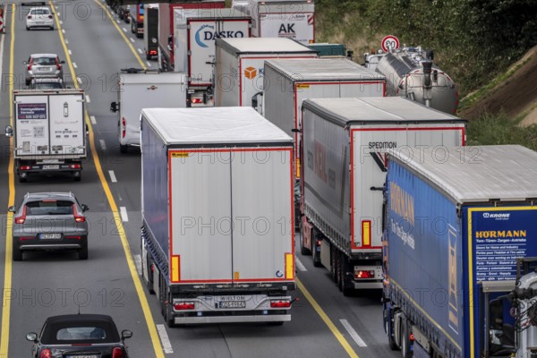 Traffic jam on the A1 motorway, between the Dortmund-Unna junction, A1 A44, and the Kamener Kreuz junction, A1 A2, lorries jammed in the left lane, looking south, North Rhine-Westphalia, Germany