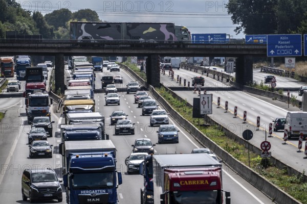 Traffic jam on the A1 motorway, between the Dortmund-Unna junction, A1 A44, and the Kamener Kreuz junction, A1 A2, lorries jammed in the left lane, looking south, North Rhine-Westphalia, Germany