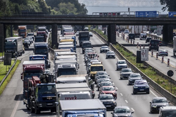 Traffic jam on the A1 motorway, between the Dortmund-Unna junction, A1 A44, and the Kamener Kreuz junction, A1 A2, lorries jammed in the left lane, looking south, North Rhine-Westphalia, Germany