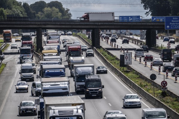 Traffic jam on the A1 motorway, between the Dortmund-Unna junction, A1 A44, and the Kamener Kreuz junction, A1 A2, lorries jammed in the left lane, looking south, North Rhine-Westphalia, Germany