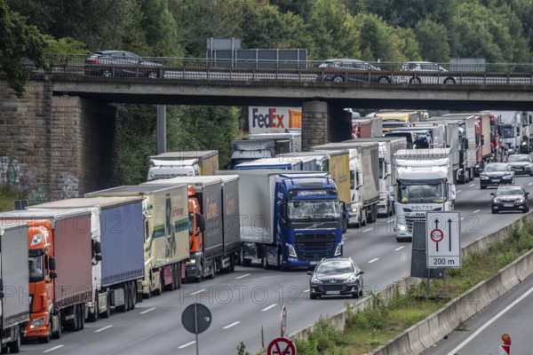 Traffic jam on the A1 motorway, between the Dortmund-Unna junction, A1 A44, and the Kamener Kreuz junction, A1 A2, lorries jammed in the left lane, looking south, North Rhine-Westphalia, Germany