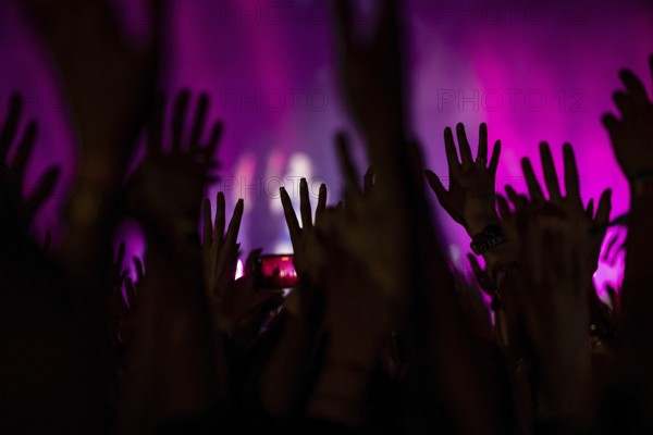 Festival visitors raise their hands in the air at Ikkimel at the Superbloom Festival, day 2 in the Olympic Park, Munich, 31/08/2025