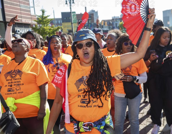 Detroit, Michigan USA - 1 September 2025 -Members of the United Auto Workers march in Detroit's Labor Day parade
