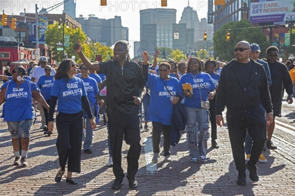 Detroit, Michigan USA - 1 September 2025 - Solomon Kinloch marches with auto workers in Detroit's Labor Day parade. The United Auto Workers union has endorsed Kinloch, who is running for mayor of Detroit
