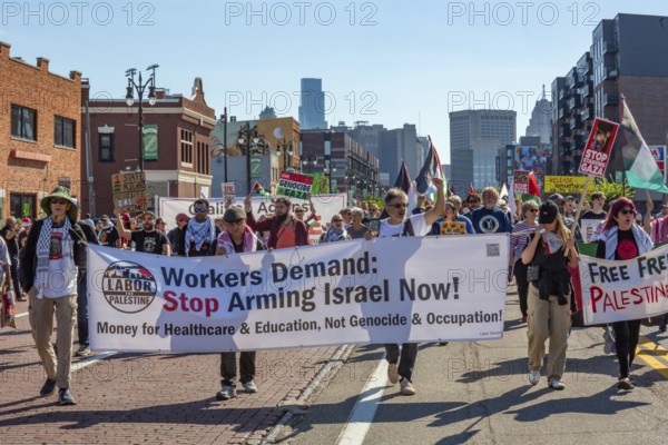 Detroit, Michigan USA - 1 September 2025 - A large group protesting Israel's war in Gaza marched in Detroit's Labor Day parade