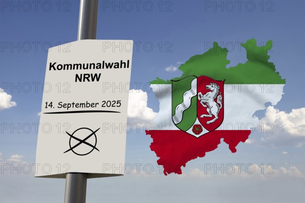 (Photomontage) Election poster with text KOMMUNALWAHL North Rhine-Westphalia 14 SEPTEMBER 2025 next to the outline of North Rhine-Westphalia, cropped in front of a blue sky