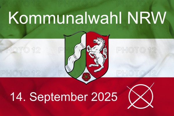 Graphic with the flag of North Rhine-Westphalia with text KOMMUNALWAHL North Rhine-Westphalia 14 SEPTEMBER 2025