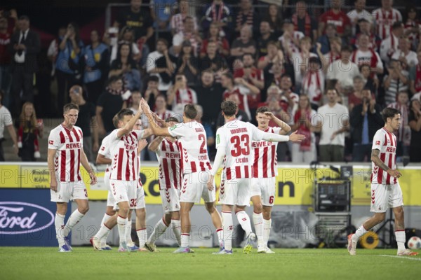 (DFL/DFB REGULATES PROHIBIT ANY USE OF PHOTOGRAPHS AS IMAGE SEQUENCES AND/OR QUASI-VIDEO), RheinEnergieStadion, Cologne, North Rhine-Westphalia, Denis Huseinbasic (1.FC Köln, midfield, #8), Kristoffer Lund (1.FC Köln, defence, #32), Jakub Kaminski (1.FC Köln, midfield, #16), Jan Thielmann (1.FC Köln, midfield, #29), 1st Bundesliga, 1.FC Köln, SC Freiburg on 31.08.2025 at the RheinEnergieStadion in Cologne Germany