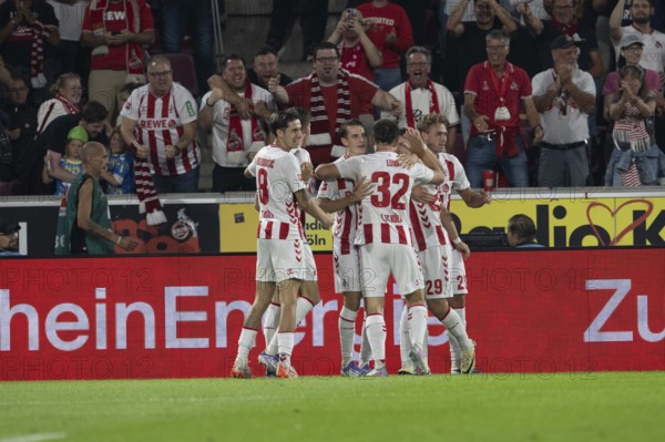 (DFL/DFB REGULATES PROHIBIT ANY USE OF PHOTOGRAPHS AS IMAGE SEQUENCES AND/OR QUASI-VIDEO), RheinEnergieStadion, Cologne, North Rhine-Westphalia, Denis Huseinbasic (1.FC Köln, midfield, #8), Kristoffer Lund (1.FC Köln, defence, #32), Jakub Kaminski (1.FC Köln, midfield, #16), Jan Thielmann (1.FC Köln, midfield, #29), 1st Bundesliga, 1.FC Köln, SC Freiburg on 31.08.2025 at the RheinEnergieStadion in Cologne Germany