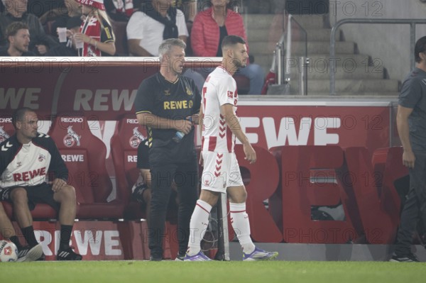 (DFL/DFB REGULATES PROHIBIT ANY USE OF PHOTOGRAPHS AS IMAGE SEQUENCES AND/OR QUASI-VIDEO), RheinEnergieStadion, Cologne, North Rhine-Westphalia, Lukas Kwasniok (1.FC Köln, Haed Coach), Tom Krauß (1.FC Köln, Midfield, #5), 1. Fußball Bundesliga, 1.FC Köln, SC Freiburg on 31.08.2025 at the RheinEnergieStadion in Cologne Germany