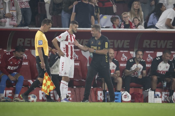 (DFL/DFB REGULATES PROHIBIT ANY USE OF PHOTOGRAPHS AS IMAGE SEQUENCES AND/OR QUASI-VIDEO), RheinEnergieStadion, Cologne, North Rhine-Westphalia, Tom Krauß (1.FC Köln, Midfield, #5), Lukas Kwasniok (1.FC Köln, Haed Coach), 1. Fußball Bundesliga, 1.FC Köln, SC Freiburg on 31.08.2025 at the RheinEnergieStadion in Cologne Germany
