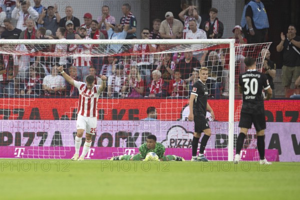 (DFL/DFB REGULATES PROHIBIT ANY USE OF PHOTOGRAPHS AS IMAGE SEQUENCES AND/OR QUASI-VIDEO), RheinEnergieStadion, Cologne, North Rhine-Westphalia, Jusuf Gazibegovic (1.FC Köln, Defence, #25), Alexander Schwolow (SC Freiburg, Goalkeeper, #1), 1st Bundesliga, 1.FC Köln, SC Freiburg on 31.08.2025 at the RheinEnergieStadion in Cologne Germany