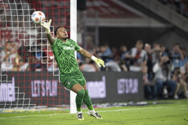 (DFL/DFB REGULATES PROHIBIT ANY USE OF PHOTOGRAPHS AS IMAGE SEQUENCES AND/OR QUASI-VIDEO), RheinEnergieStadion, Cologne, North Rhine-Westphalia, Alexander Schwolow (SC Freiburg, Goalkeeper, #1), 1. Soccer Bundesliga, 1.FC Köln, SC Freiburg on 31.08.2025 at the RheinEnergieStadion in Cologne Germany