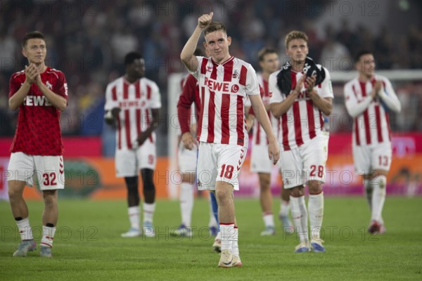 (DFL/DFB REGULATES PROHIBIT ANY USE OF PHOTOGRAPHS AS IMAGE SEQUENCES AND/OR QUASI-VIDEO), RheinEnergieStadion, Cologne, North Rhine-Westphalia, Isak Joannesson (1.FC Köln, Midfield, #18), Sebastian Sebulonsen (1.FC Köln, Defence, #28), 1st Bundesliga, 1.FC Köln, SC Freiburg on 31.08.2025 at the RheinEnergieStadion in Cologne Germany