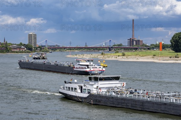 Cargo ships on the Rhine near Duisburg, in the background the Friedrich-Ebert-Bridge between Duisburg-Homberg and Rheinhausen, North Rhine-Westphalia, Germany