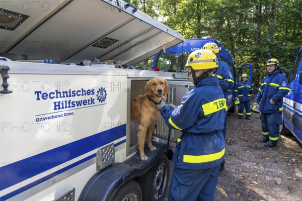 Dog handlers with rescue dogs from the Specialist Locating Group get ready for action, the sniffer dogs are to track down people in e.g. collapsed buildings, large-scale exercise FÜLEX25 lasting several days, organised by the THW, Federal Agency for Technical Relief, North Rhine-Westphalia regional association, over 3500 volunteers from the 127 North Rhine-Westphalia local associations practise on 4 weekends, many different operational scenarios