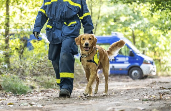 Dog handlers with rescue dogs from the Specialist Locating Group get ready for action, the sniffer dogs are to track down people in e.g. collapsed buildings, large-scale exercise FÜLEX25 lasting several days, organised by the THW, Federal Agency for Technical Relief, North Rhine-Westphalia regional association, over 3500 volunteers from the 127 North Rhine-Westphalia local associations practise on 4 weekends, many different operational scenarios