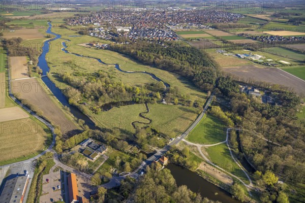 Aerial view, Füchtelner Mühle as hydroelectric power station, river Stever and weir Köckelsumer Straße, Steveraue Olfen nature reserve, Olfen-Kirchspiel, Olfen, Münsterland, North Rhine-Westphalia, Germany, DE, Europe, aerial view, aerial photography, aerial photography, overview, bird's-eye view, overview