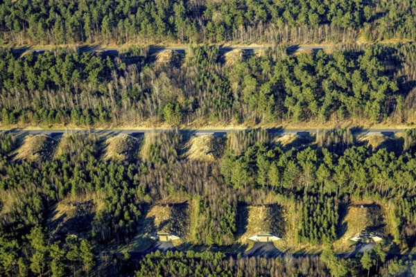 Aerial photo, Keller Pyro, storage facility for rent in Olfen, forest area Hullerner Straße, Olfen-Kirchspiel, Olfen, Münsterland, North Rhine-Westphalia, Germany, DE, Europe, aerial photo, aerial photography, aerial photography, Pyroland, overview, bird's-eye view, forest area, birds-eyes view, overview