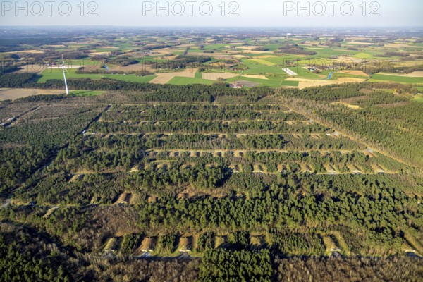 Aerial photo, Keller Pyro, storage facility for rent in Olfen, forest area Hullerner Straße, Olfen-Kirchspiel, Olfen, Münsterland, North Rhine-Westphalia, Germany, DE, Europe, aerial photo, aerial photography, aerial photography, Pyroland, overview, bird's-eye view, forest area, birds-eyes view, overview