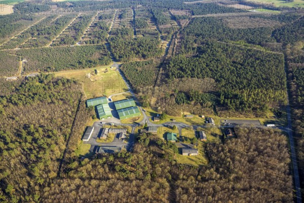 Aerial photo, Keller Pyro, storage facility for rent in Olfen, forest area Hullerner Straße, Olfen-Kirchspiel, Olfen, Münsterland, North Rhine-Westphalia, Germany, DE, Europe, aerial photo, aerial photography, aerial photography, Pyroland, overview, bird's-eye view, forest area, birds-eyes view, overview